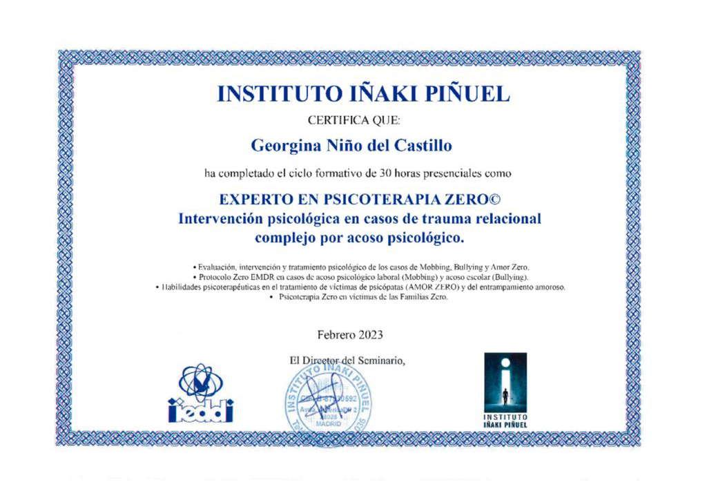 Certificada por el Dr Iñaki Piñuel Máximo investigador y exponente en psicopatas integrados y la recuperación de victimas de abuso.